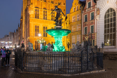 Gdansk, Poland - December 12, 2020: Fountain of the Neptune in Old Town of Gdansk at night. Polandのeditorial素材