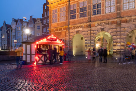 Gdansk, Poland - December 12, 2020: Street bar with take away food in Old Town of Gdansk