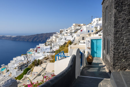 Santorini Greece, September 17, 2020: Traditional Greek architecture in Imerovigli village on Santorini. Cyclades Islands, Greeceのeditorial素材