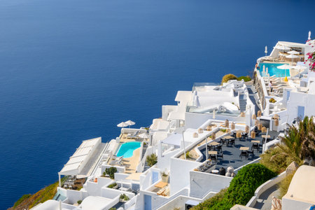 Santorini Greece, September 17, 2020: Beautiful Cycladic architecture in Imerovigli village on Santorini. Cyclades Islands, Greeceのeditorial素材