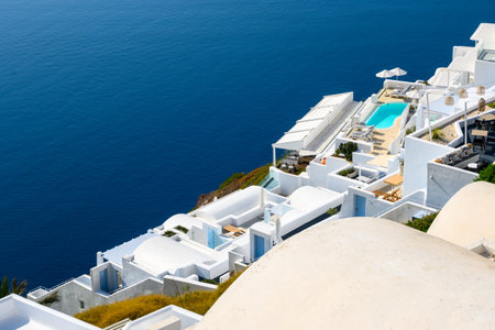 Santorini Greece, September 17, 2020: Beautiful Cycladic architecture in Imerovigli village on Santorini. Cyclades Islands, Greeceのeditorial素材