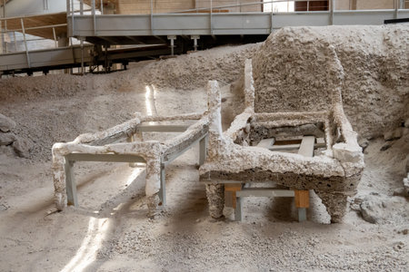 Santorini, Greece - September 18, 2020: Excavations in prehistoric town of Akrotiri, one of the most important prehistoric settlements of the Aegean. An archaeological site of Akrotiri in Santorini, Greeceのeditorial素材