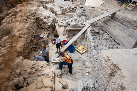 Santorini, Greece - September 18, 2020: Archaeological works in prehistoric town of Akrotiri, one of the most important prehistoric settlements of the Aegean. An archaeological site of Akrotiri in Santorini, Greeceのeditorial素材