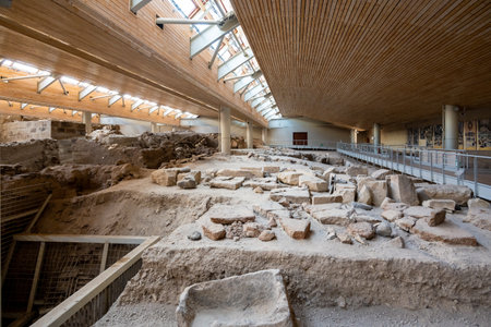 Santorini, Greece - September 18, 2020: Interior of prehistoric town of Akrotiri, one of the most important prehistoric settlements of the Aegean. An archaeological site of Akrotiri in Santorini, Greeceのeditorial素材