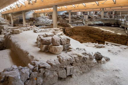 Santorini, Greece - September 18, 2020: Excavations in prehistoric town of Akrotiri, one of the most important prehistoric settlements of the Aegean. An archaeological site of Akrotiri in Santorini, Greeceのeditorial素材
