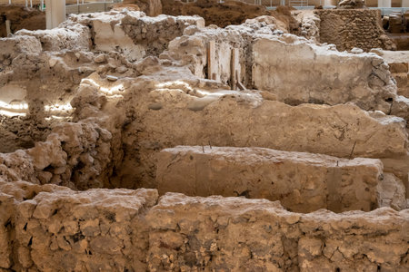 Santorini, Greece - September 18, 2020: Excavations in prehistoric town of Akrotiri, one of the most important prehistoric settlements of the Aegean. An archaeological site of Akrotiri in Santorini, Greeceのeditorial素材