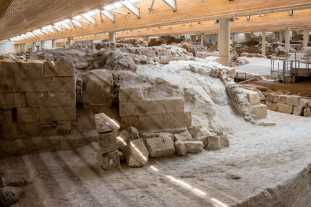 Santorini, Greece - September 18, 2020: Excavations in prehistoric town of Akrotiri, one of the most important prehistoric settlements of the Aegean. An archaeological site of Akrotiri in Santorini, Greeceのeditorial素材