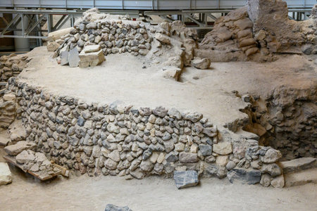 Santorini, Greece - September 18, 2020: Excavations in prehistoric town of Akrotiri, one of the most important prehistoric settlements of the Aegean. An archaeological site of Akrotiri in Santorini, Greeceのeditorial素材