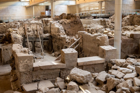 Santorini, Greece - September 18, 2020: Excavations in prehistoric town of Akrotiri, one of the most important prehistoric settlements of the Aegean. An archaeological site of Akrotiri in Santorini, Greeceのeditorial素材