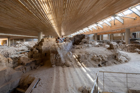 Santorini, Greece - September 18, 2020: Interior of prehistoric town of Akrotiri, one of the most important prehistoric settlements of the Aegean. An archaeological site of Akrotiri in Santorini, Greeceのeditorial素材