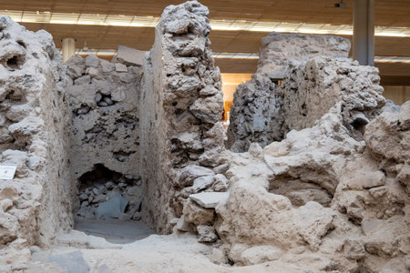 Santorini, Greece - September 18, 2020: Excavations in prehistoric town of Akrotiri, one of the most important prehistoric settlements of the Aegean. An archaeological site of Akrotiri in Santorini, Greeceのeditorial素材