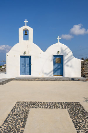 Traditional Greek church in Pyrgos village on Santorini Island. Greeceの写真素材