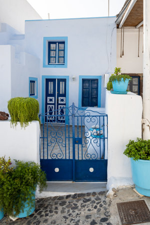 Santorini, Greece - September 18, 2020: Architecture of Pyrgos, the most picturesque village of Santorini. Cyclades Islands, Greeceのeditorial素材