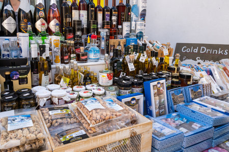 Santorini, Greece - September 17, 2020: Greek local products sold in Oia village. Santorini Island. Greeceのeditorial素材
