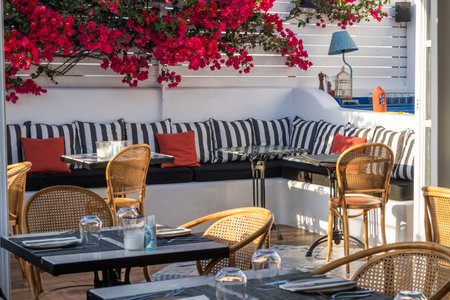 Santorini, Greece - September 17, 2020: Greek estaurant in Oia village on Santorini island, Cyclades, Greeceのeditorial素材