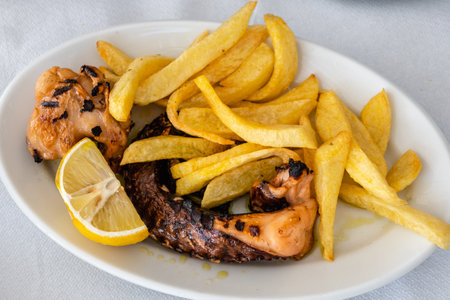 Grilled octopus served with lemon and fries. Traditional Greek dish.の写真素材