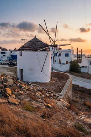 The traditional Greek windmill of Ios Island in beautiful Cycladic town of Chora. Greeceの写真素材
