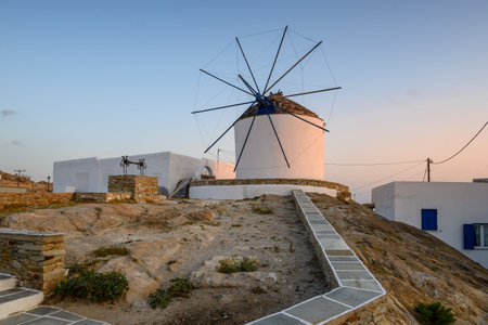 The traditional Greek windmill of Ios Island in beautiful Cycladic town of Chora. Greeceの写真素材