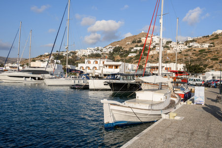 Ios, Greece - September 21, 2020: Boats moored in Chora port on the island of Ios Cyclades Islands, Greeceのeditorial素材