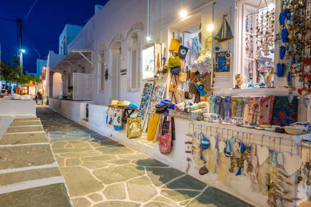 Folegandros, Greece - September 23, 2020: Narrow street with traditional Greek shops in Chora on Folegandros Island. Cyclades, Greeceのeditorial素材