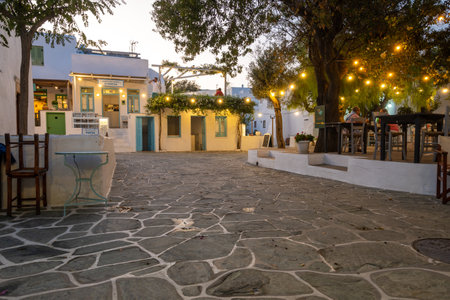Folegandros, Greece - September 24, 2020: A square with restaurants in Chora on Folegandros Island at night. Cyclades, Greeceのeditorial素材