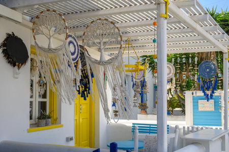 Greece - September 25, 2020: Shop with souvenirs on street in Chora town in Folegandros Island,...