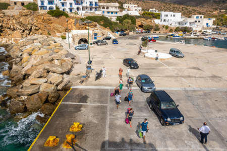 Sikinos, Greece - September 26, 2020: Thirists boarding the ferry in the port on the island of Sikinos. Cyclades, Greeceのeditorial素材