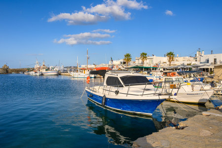 Paros, Greece - September 27, 2020: Colorful boats in port of Naoussa on Paros island. Cyclades, Greeceのeditorial素材