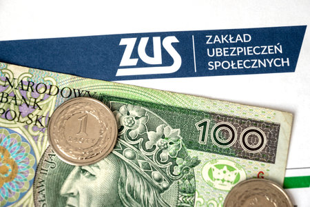 Gdansk, Poland - April 17, 2021: ZUS (National Social Insurance Company) logo on a sheet of paper...
