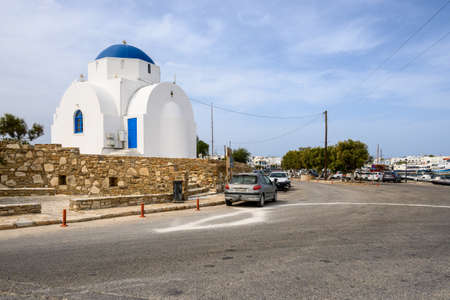 Antiparos, Greece - September 28, 2020: Traditional Greek church with blue dome in Antiparos. Cyclades, Greeceのeditorial素材