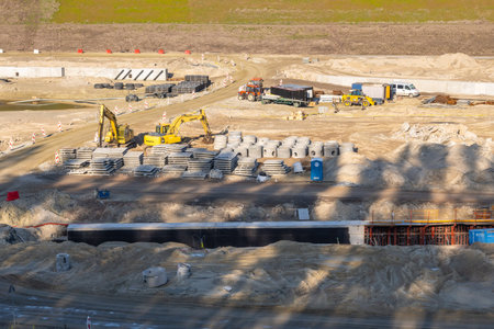 Krynica Morska, Poland - May 15, 2021: The construction site of the canal connecting the Vistula...