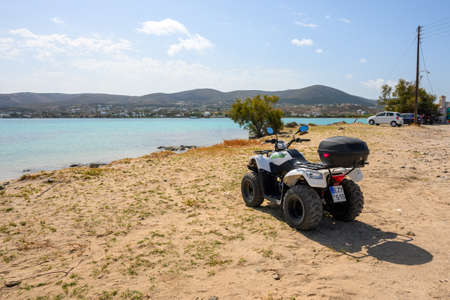 Paros, Greece - September 29, 2020: Quad parked at Kolymbithres beach on Paros island, Cyclades, Greeceのeditorial素材