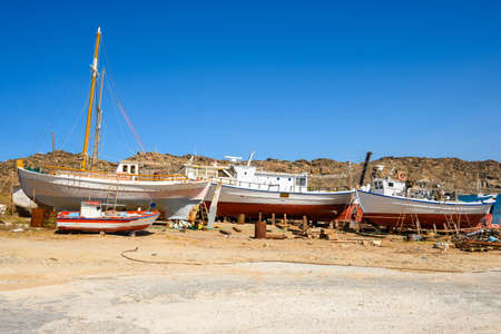 Boats during renovation on the island of Paros. Cyclades Islands, Greeceの写真素材