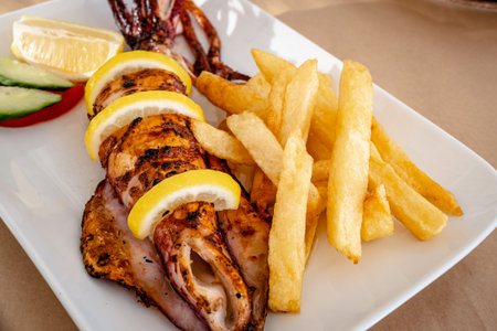 Grilled calamari served with vegetables and fries. Traditional Greek dish.