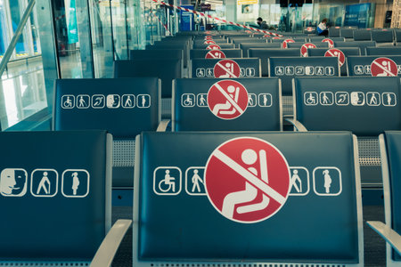 Athens, Greece - October 1, 2020: Passenger waiting seat in Athens airport departure gate during a pandemicのeditorial素材