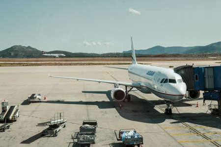 Athens, Greece - October 1, 2020: Aegean Airlines airplane parked at International Athens Airportのeditorial素材