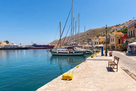 SYMI, GREECE - May 15, 2018: The seaside promenade in the port of Symiのeditorial素材