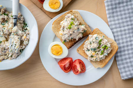 Toasts with smoked whitefish, egg, mayonnaise and chivesの写真素材