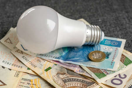 Light bulb with Polish money. Energy saving concept, electricity billの写真素材