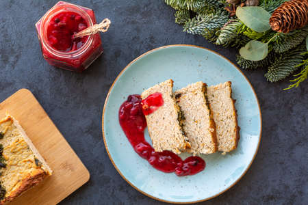 Homemade chicken and liver pate with cranberry sauceの写真素材