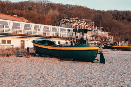 Gdynia, Poland - February 13, 2022: Fishing boat on the beach in Gdynia Orlowo. Baltic Sea, Polandのeditorial素材