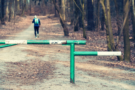 Closed barrier on the road in the forest. No transit