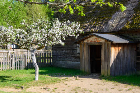 Wdzydze Kiszewskie, Poland - May 15, 2022: Thatched cottage in Kashubian Ethnographic Park in Wdzydze Kiszewskieのeditorial素材