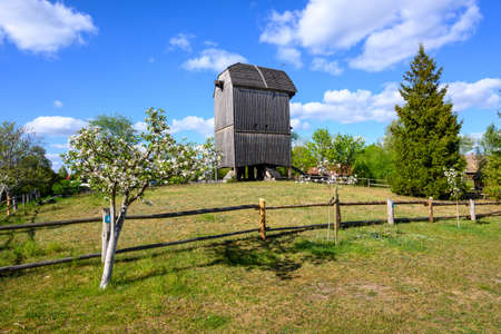 Wdzydze Kiszewskie, Poland - May 15, 2022: Old wooden windmill in Kashubian Ethnographic Park in Wdzydze Kiszewskieのeditorial素材