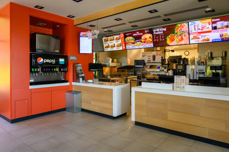 Otloczyn, Poland - June 3, 2022: Burger King restaurant interior near the highway in Poland. Burger...