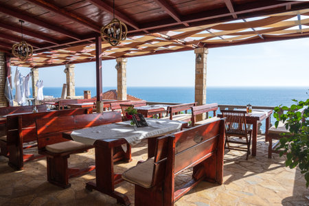 Ulcinj, Montenegro - June 4, 2022: Restaurant in Ulcinj Old Town in Montenegro. Europeのeditorial素材