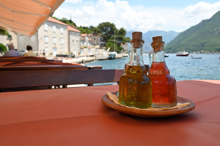 Delicious olive oil on table in Montenegrin seaside restaurant