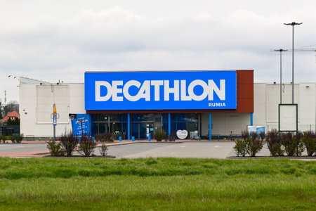 Rumia, Poland - April 16, 2023: Decathlon logo on the facade of the store. Decathlon is a international chain of stories offering sports equipmentのeditorial素材