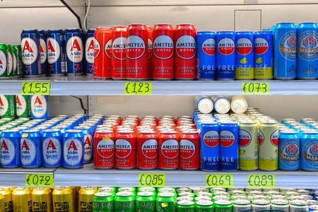 Kos, Greece - May 8, 2023: Different types of beer on the store shelfのeditorial素材