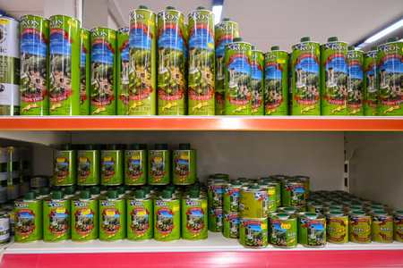 Kos, Greece - May 8, 2023: Traditional Greek olive oil at the market storeのeditorial素材